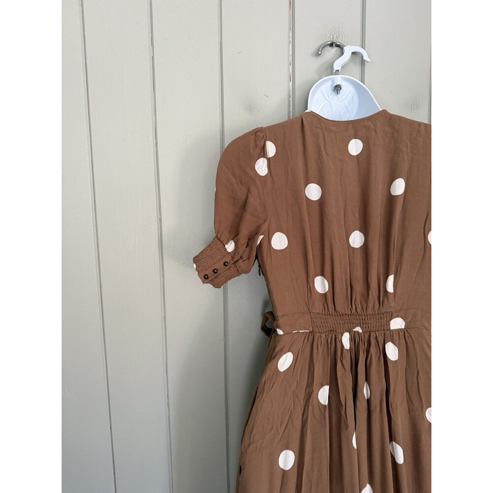 Anthropologie Maeve Dress 00 Bernice Cocoa Brown Polka Dot S/S Faux Wrap Midi - Picture 8 of 9